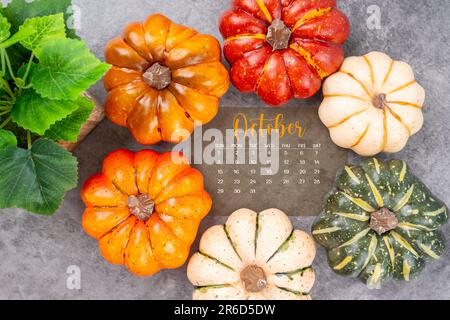 Oktober 2023 Kalender und Kürbisse auf schwarzem Holzhintergrund. Stockfoto