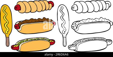 Comic-Bild einer Vielzahl von verschiedenen Arten von Hot Dogs - Farbe und schwarz / weiß-Versionen. Stock Vektor