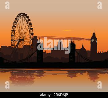 Vektor-Illustration von Londons Skyline bei Sonnenuntergang mit Reflexion auf der Themse Stock Vektor