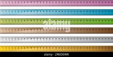 Set aus 6 Metallen/Holzstiften mit Lochstanze am Ende Lineale in Zoll mit Zentimeterstrichen. Stock Vektor