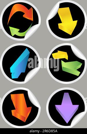 Sammlung von acht Richtungspfeil-Aufklebern im 3D-Format. Stock Vektor