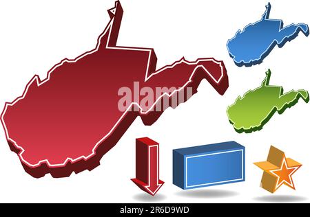 Set mit 3D Bildern des Bundesstaats West Virginia mit Ikonen. Stock Vektor