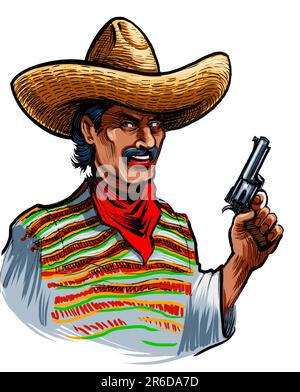 Mexikanischer Bandit in Sombrero mit Waffe. Handgezeichnete Tinte auf Papier und handfarbige Tinte auf Tablette Stockfoto