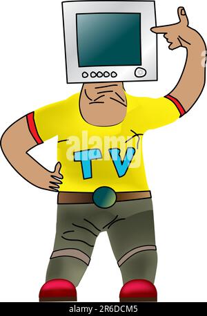Comic-Mann mit blauem tv-Bildschirm auf weißem Hintergrund Stock Vektor