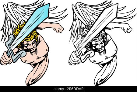 Zorniger Engel mit Schwert - sowohl farbige als auch schwarz-weiße Versionen. Stock Vektor