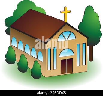 Kirchengebäude mit Bäumen isoliert auf weißem Hintergrund. Stock Vektor