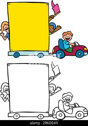 Karikatur von fröhlichen Menschen ziehen ein leeren Zeichen hinter dem Fahrzeug - Farbe und schwarz / weiß-Versionen. Stock Vektor