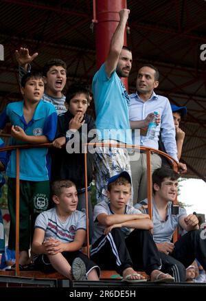 Eine Gruppe türkischer Männer und Jungen schaut sich den Wettkampf von einer Tribüne beim türkischen Ölwrestling-Turnier Kirkpinar in Edirne in Turkiye an. Stockfoto