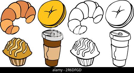 Karikatur von verschiedenen Frühstück Lebensmittel - Farbe und schwarz / weiß-Versionen. Stock Vektor