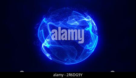 Abstrakte blaue Energiekugel aus Partikeln und Wellen magischen Glanzes auf dunklem Hintergrund. Stockfoto