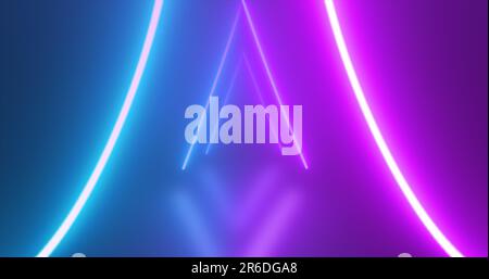 Abstrakte dreieckige Tunnel Neonblau und violette Energie, die aus dem Hintergrund der Linien glüht. Stockfoto