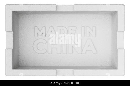 Isoliertes weißes Styropor 3D „MADE IN CHINA“-Schild in Box mit Clipping Path Stockfoto