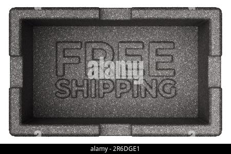 KOSTENLOSES VERSANDSCHILD in 3D illustrierter Styroporbox mit Beschneidungspfad auf weißem Hintergrund. Stockfoto