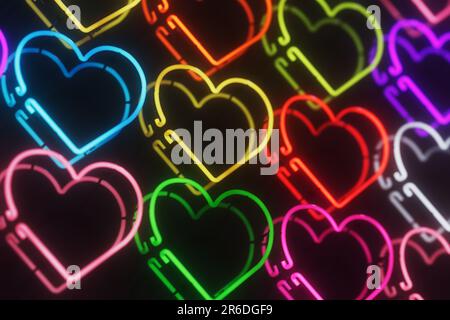 Mehrfarbige 3D-Darstellung eines leuchtenden Neonschilds über der schwarzen reflektierenden Wand. Stockfoto