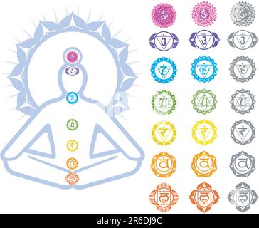 Sieben Chakras und Spiritualsymbole Stock Vektor