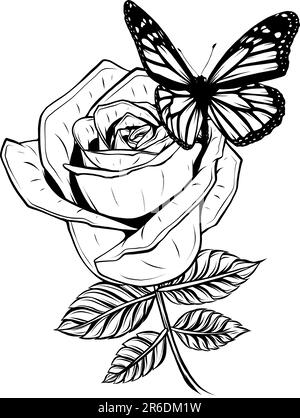 Einfarbige Blume und Schmetterling. Ein Tattoo zeichnen. Vektordarstellung. Stock Vektor