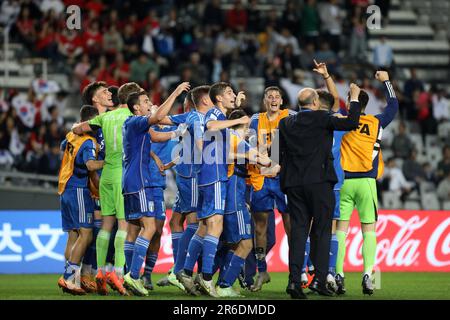 La Plata, Argentinien. 8. Juni 2023. Die Spieler Italiens feiern den Sieg im Halbfinale der FIFA-Weltmeisterschaft U20 zwischen Südkorea und Italien in La Plata, Argentinien, am 8. Juni 2023. Kredit: Martin Zabala/Xinhua/Alamy Live News Stockfoto