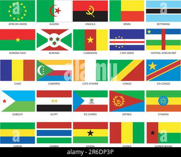 Vektordarstellung der Flaggen verschiedener Länder der Welt. Sie werden nach Standort und dann in alphabetischer Reihenfolge angeordnet. Dutzende von Flaggen... Stock Vektor