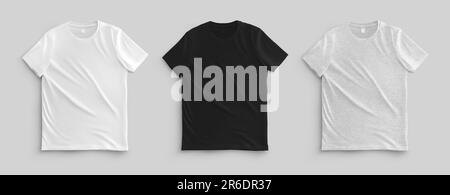 Vorlage: Weiß, schwarz, meliertes T-Shirt, Vorderansicht, Herrenbekleidung mit Label, isoliert auf Hintergrund. Mockup Shirts für Branding, Design, Stockfoto