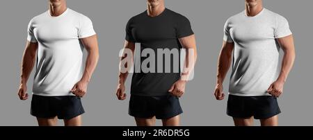 Weiße, schwarze, melierte T-Shirt-Vorlage für einen Sportler in Shorts, Vorderansicht, Bekleidung für Branding, Design, Handel. Modell der Trainingskleidung für Stockfoto