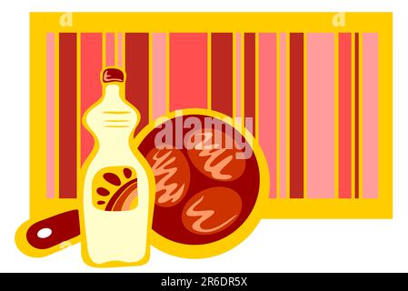 Flasche Pflanzenöl und Bratpfanne mit Schnitzeln auf gestreiftem Hintergrund. Stock Vektor