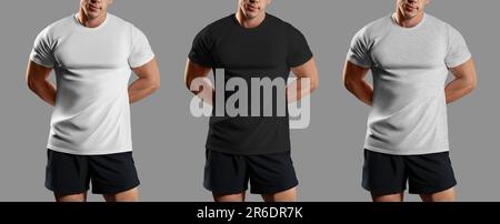 Weiß, schwarz, meliertes T-Shirt-Modell auf sportlicher Karosserie mit Händen hinter dem Rücken, Vorderansicht, Herrenbekleidung für Branding, Design, Handel. Ein Satz Training A. Stockfoto