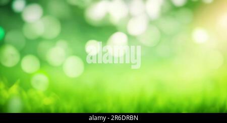 Frischer grüner Hintergrund mit abstraktem, verschwommenem Gras, hellem Sommersonnenlicht und Bokeh-Lichtern. Frühling oder Sommer gesunde Natur Bio Hintergrund Stockfoto