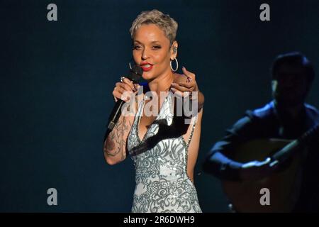 Rom, Italien. 07. Juni 2023. Mariza tritt am 7. Juni 2023 während des Live-Konzerts von Womad Roma Preview im Auditorium Parco della Musica in Rom, Italien auf. Kredit: Independent Photo Agency/Alamy Live News Stockfoto