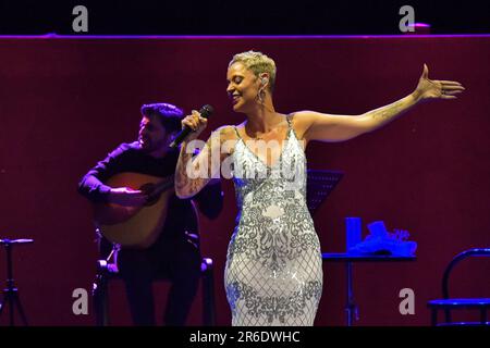 Rom, Italien. 07. Juni 2023. Mariza tritt am 7. Juni 2023 während des Live-Konzerts von Womad Roma Preview im Auditorium Parco della Musica in Rom, Italien auf. Kredit: Independent Photo Agency/Alamy Live News Stockfoto