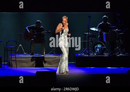 Rom, Italien. 07. Juni 2023. Mariza tritt am 7. Juni 2023 während des Live-Konzerts von Womad Roma Preview im Auditorium Parco della Musica in Rom, Italien auf. Kredit: Independent Photo Agency/Alamy Live News Stockfoto