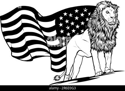 Schwarz-weißer Löwe mit us-Flagge auf dem Hintergrund Stock Vektor