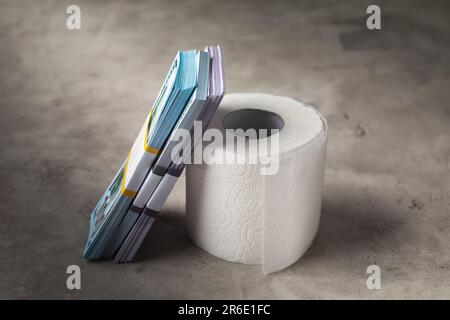 Toilettenpapier und mehrere Päckchen Dollar und Euro auf abstraktem Hintergrund, ein Konzept zum Thema Wertminderung und Abwertung Stockfoto