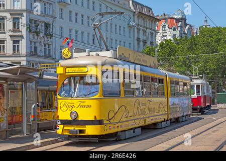 Wien, Österreich - Juni 17 2018: Alte Straßenbahnen warten an der Straßenbahnhaltestelle. Stockfoto