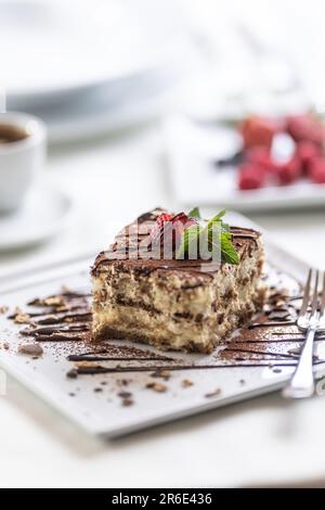 Ein Würfel Tiramisu-Dessert, serviert in modischer Weise auf einem Teller, garniert mit Obst und Minze. Stockfoto