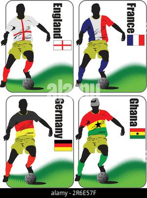 Finale der Fußball-Weltmeisterschaft 2010. 32 Teams in T-Shirts der Nationalflaggen. England, Frankreich, Deutschland, Ghana Stock Vektor