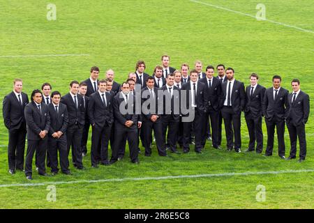 Die All Blacks posieren für die Medien bei der Präsentation der Rugby-Weltmeisterschaft 2011, Ponsonby Rugby Club, Auckland, Neuseeland, Montag, 29. August 2011. Stockfoto