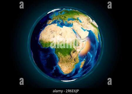 Erde aus dem All. Computerabbildung, die die Erde aus dem All betrachtet, über Afrika zentriert. Europa (oben) und Naher Osten (oben rechts) können Stockfoto