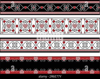 Rot, schwarz und weiß Vektor Valentinstag grenzt an Gingham-Zierleiste. Stock Vektor