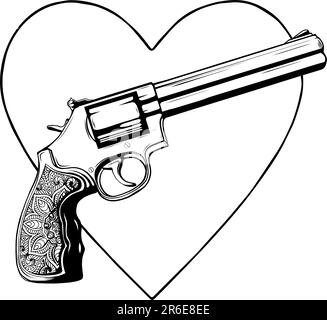 Vektor-Revolver-Tattoo-Illustration. Eine einfarbige Clipart-Illustration auf weißem Hintergrund. Stock Vektor
