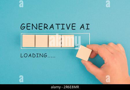 Generative KI-Beladung, künstliche Intelligenz im Gange, Technologie im Wettbewerb mit Humanressourcen, Arbeitskräfte gegen Cyborg-Maschine, Ersatzleute Stockfoto