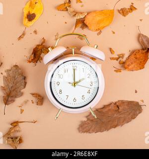 Wecker mit Herbstlaub, Ende der Sommerzeit im Herbst, Umstellung auf Winterzeit Stockfoto