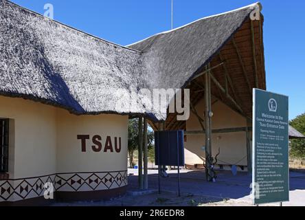 Tsau Eingangstor, Central Kalahari Game Reserve CKGR. Botsuana Stockfoto