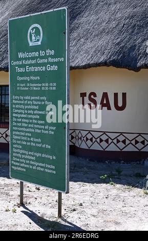 Tsau Eingangstor, Central Kalahari Game Reserve CKGR. Botsuana Stockfoto