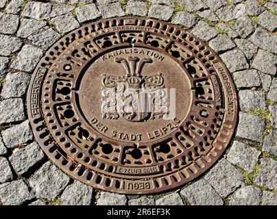 Gully Cover Kanalisation, Leipzig, Deutschland, Gully Cover in Leipzig, Deutschland Stockfoto