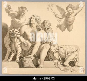 Zeichnung nach einem von Giulio Romano entworfenen Fresko im Palazzo del Te in Manuta. Dionysos und Ariadne mit dem Satyr links und dem fliegenden Putto rechts. Datum: Ca. 1781. Bleistift, Stift, Pinsel und braun-graue Aquarelle. Museum: Cooper Hewitt, Smithsonian Design Museum. Stockfoto