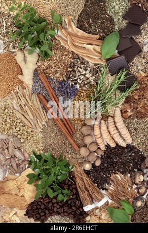 Sammlung von nervösen Nahrungsmitteln pflanzliche Medizin zur Entspannung oder Stimulierung des Nervensystems. Gesunde natürliche stresslindernde alternative Gesundheitsversorgung Stockfoto