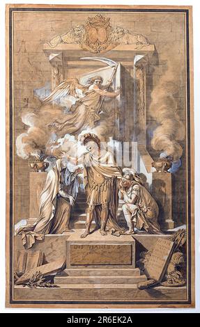 In diesem monumentalen Plan flankieren die ehemalige Ehefrau und der Sohn des Maréchal (von denen jeder ihn zuvor verstorben hatte) den stehenden Maréchal, gekleidet in klassischer Rüstung. Der Maréchal setzt sich seiner Frau gegenüber, die ihn an der Türschwelle des Familienmausoleums begrüßt (über dem Familienwappen und ein Paar Löwen stehen); sein Sohn (auch in klassischer Militärkleidung) kniet und küsst die linke Hand seines Vaters. Der Engel des Todes, der eine Sense hält, schwebt über uns. Rauch tritt von Zensoren auf beiden Seiten der zentralen Gruppe aus. Datum: 1761. Schwarze Kreide, Stift und schwarze Tinte, Pinselspitze und braun-schwarze Tinte; grau und braun Stockfoto
