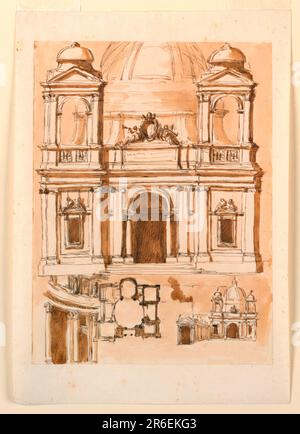 Höhe einer Kirche. Stift und braune Tinte, Bürste und braune Wäsche auf ausgekleidetem, weißem, liegendem Papier. Datum: 1780-1783. Museum: Cooper Hewitt, Smithsonian Design Museum. Stockfoto