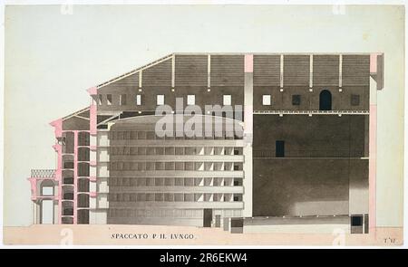 Längsschnitt eines Theaters (in Rosen- und Grautönen) mit einem Auditorium, bestehend aus fünf Ebenen mit Boxen (34 Boxen auf jeder Ebene) und der Bühne. Bogeneingang auf der linken Seite. Datum: 1788. Stift und schwarze Tinte, Pinsel und graue Wäsche, Aquarell, Graphit auf cremefarbenem Papier. Museum: Cooper Hewitt, Smithsonian Design Museum. Stockfoto