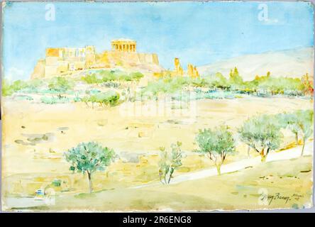 Allgemeiner Blick auf die Akropolis bei Sonnenuntergang. Datum: N. d. Aquarell. Museum: Smithsonian American Art Museum. Stockfoto